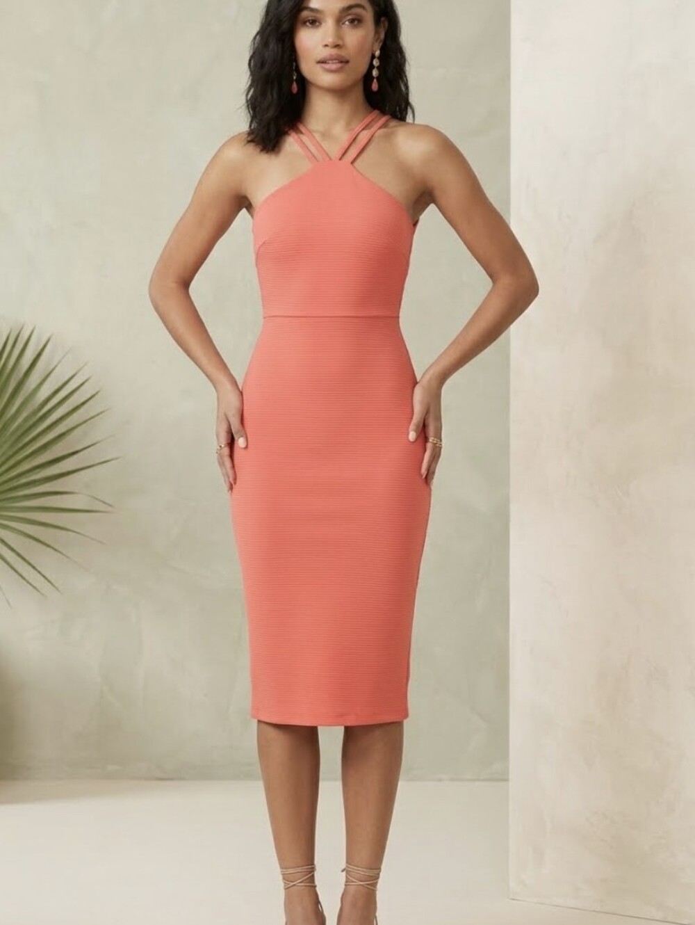 Wayf Coral Double-Strap Halter Bodycon Midi Dress